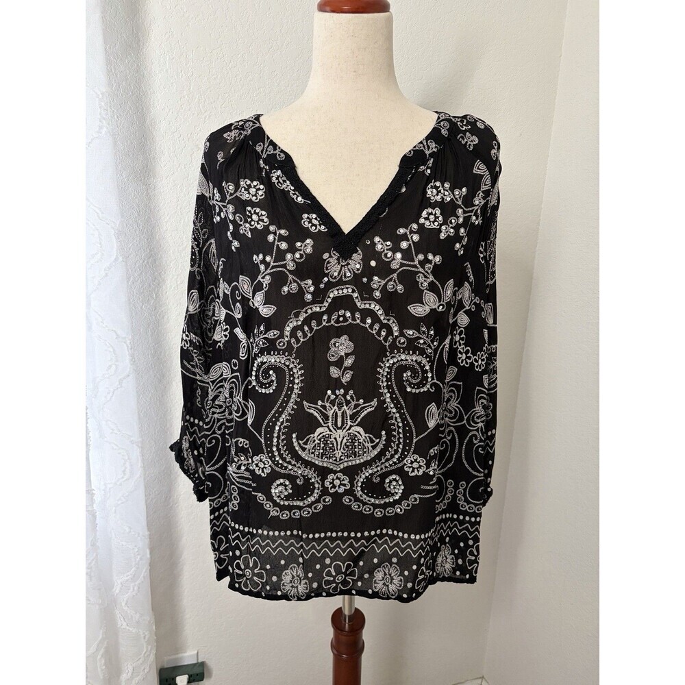 Bila Womens XXL Top Bling Black White Paisley Jeweled Floral Print Boho Peasant
